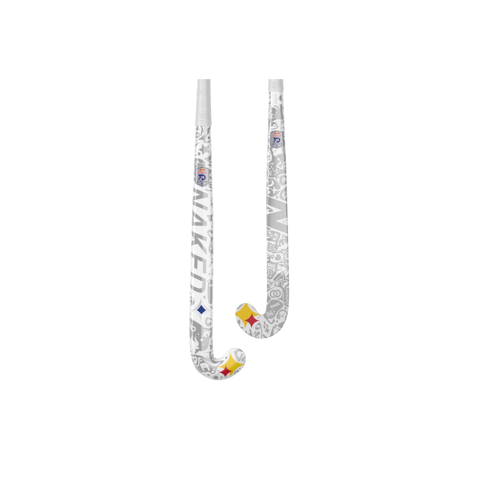Naked Red Bull Touch 50% Carbon Hockeystick (2025/26) - Naked Red Bull Touch 50% Carbon Hockey Stick, front and back views in white and grey with a yellow and red toe.